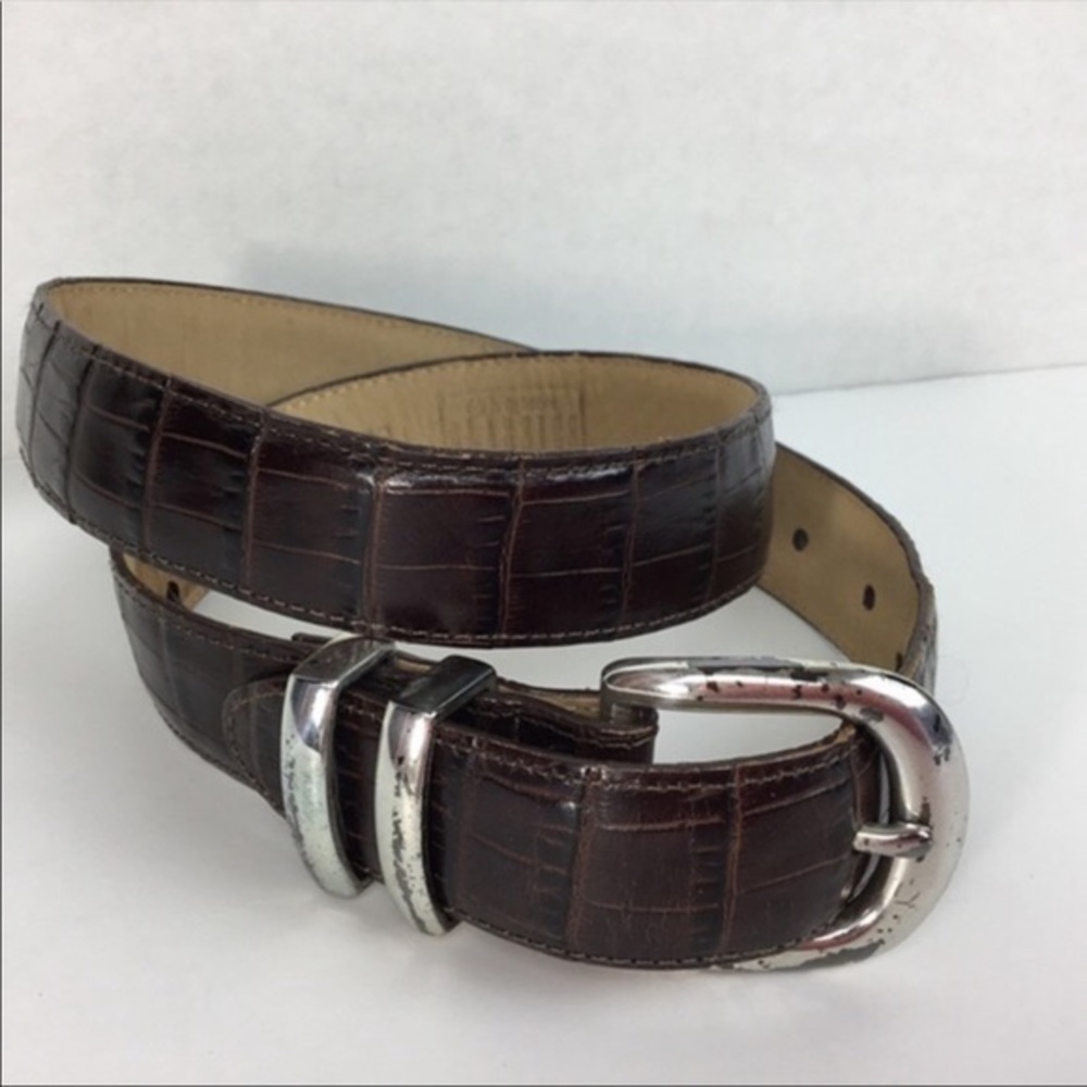 Brighton Dark Brown Croc-Embossed Leather Belt with Silver Buckle